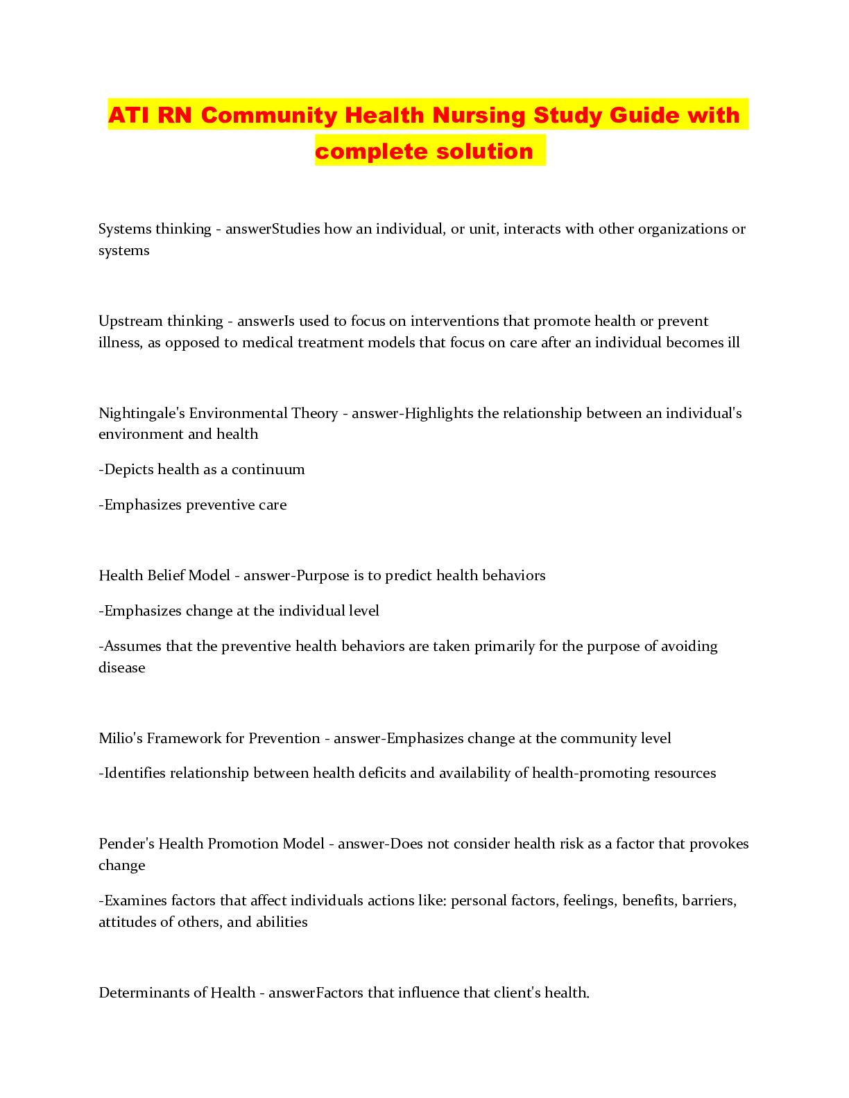 Preview image of ATI RN Community Health Nursing Study Guide with complete solution document